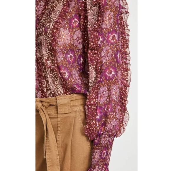 ULLA JOHNSON Elita Ruffle Long Sleeve Blouse Claret Patchwork Size 0 XS Preowned - Picture 3 of 15